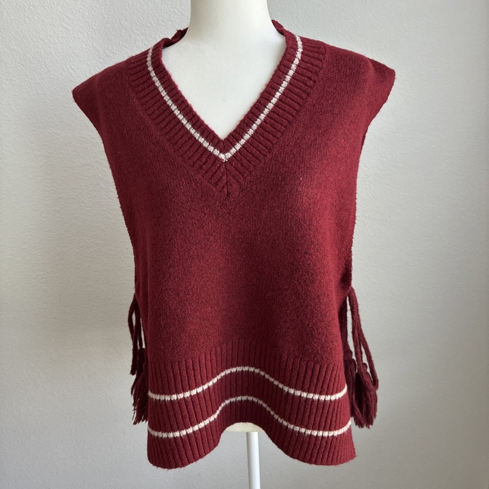 Free People All Star Striped Poncho Sweater Vest Maroon Tassel One Size Preppy